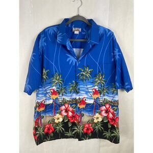 Evergreen Island Genuine Hawaiian Parrots and Flowers Blue Button Up Shirt